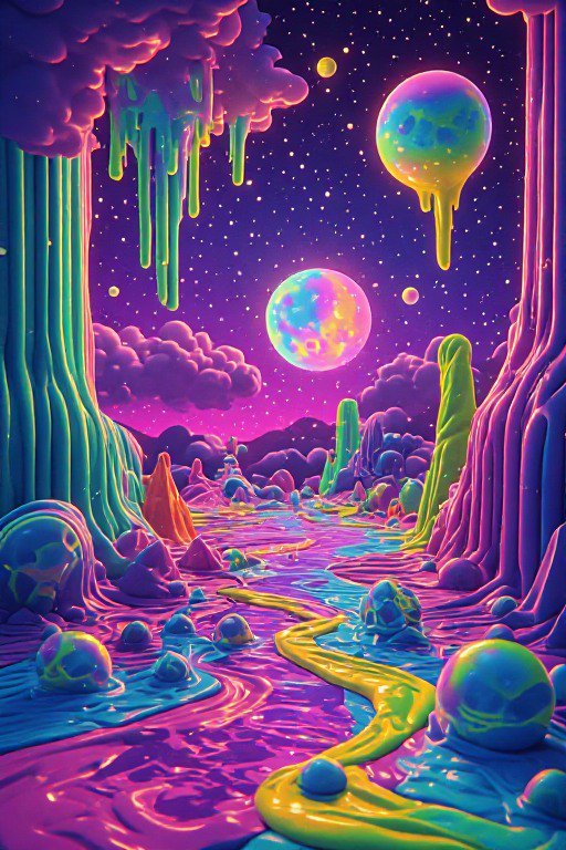 Surreal psychedelic alien landscape with drippy melting terrain, glowing neon planets, and a starry purple sky