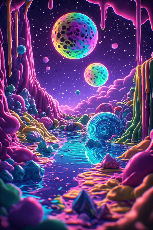 Surreal neon alien landscape with gradient spotted planets hanging above a glowing psychedelic river