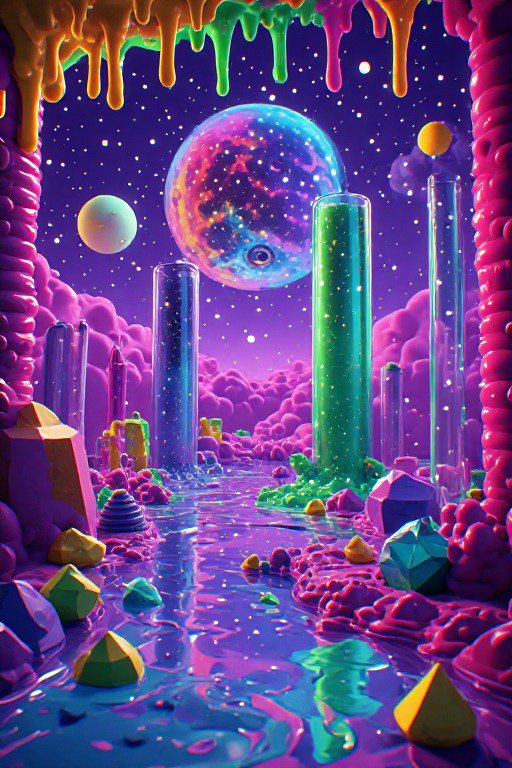 Surreal alien slime landscape with floating planets, starry purple sky, and glowing crystalline pillars