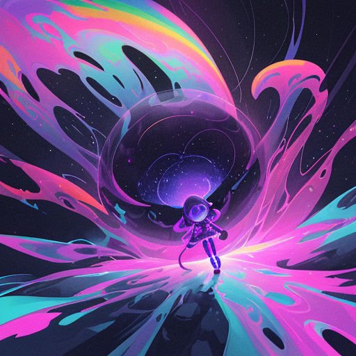 Tiny stylized astronaut stands facing a swirling neon cosmic portal in starry deep space