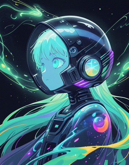 Pensive anime girl with mint hair wears a glossy futuristic space helmet against a starry cosmic background