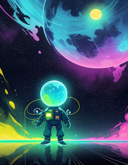 Cartoon astronaut with a glowing bubble helmet stands on a reflective platform beneath a vibrant alien planet in starry space