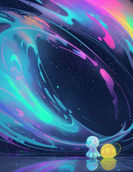 Cute glowing alien creatures sit on a reflective floor beneath a swirling neon cosmic nebula