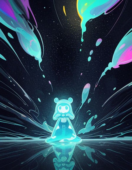 Glowing translucent blue bear-eared slime creature sits on a reflective surface beneath swirling ...