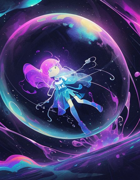 Pink haired magical fairy floats inside a glowing iridescent bubble in starry cosmic space