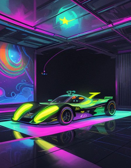 Futuristic neon green race car parked in a glowing cyberpunk garage with psychedelic wall art