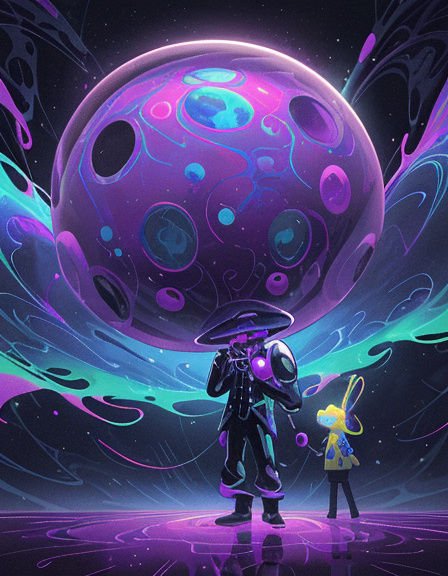 Two futuristic sci-fi characters stand beneath a large glowing purple alien planet in a swirling ...