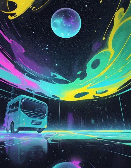 Turquoise space bus floats above a glowing road under swirling nebula and a glowing alien planet