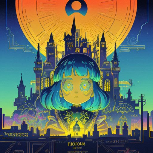 Wide-eyed teal haired anime girl floats in front of a gothic fantasy castle under a glowing giant celestial sun
