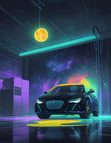 Sleek black futuristic sports car parked in a neon cyberpunk garage with cosmic nebula backdrop