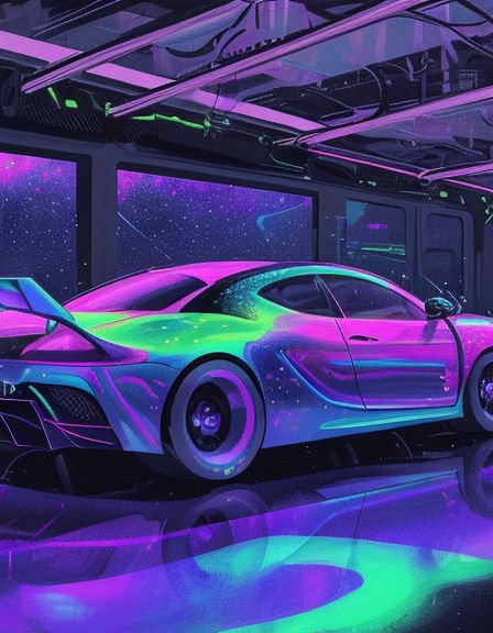 Iridescent neon cyberpunk sports car parked in a futuristic sci-fi garage with starry window views