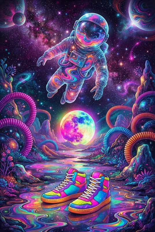 Swirling rainbow astronaut floats above neon sneakers on a vibrant alien cosmic shore