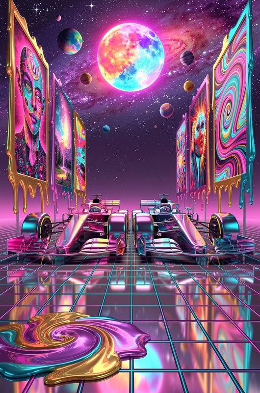 Surreal psychedelic cosmic scene with formula 1 cars, melting art frames, and glowing planets over a reflective grid floor