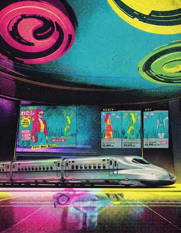Retro cyberpunk illustration of a shinkansen bullet train below glowing neon digital shopping billboards