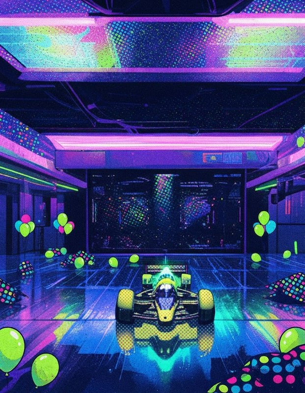 Yellow formula race car sits on a reflective neon-lit party room floor surrounded by glowing balloons