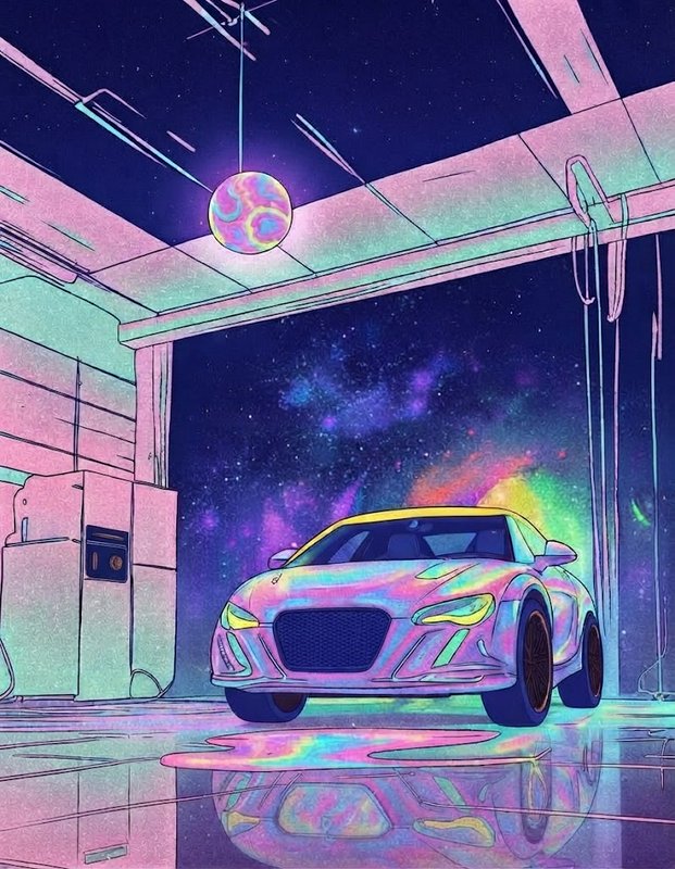 Iridescent holographic sports car parked in a pastel garage opening to a cosmic starry night sky