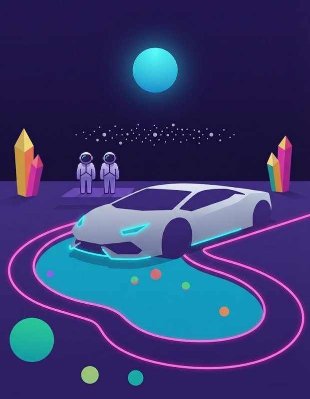 Two astronauts stand beside a glowing futuristic sports car on a vibrant neon alien world