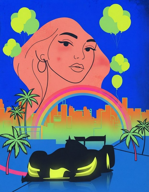 Stylized pop art illustration of a woman's portrait above a race car, rainbow, palm trees and floating party balloons
