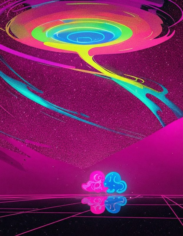 Glowing rainbow spiral abstract art with mirrored neon blobs over a reflective grid background