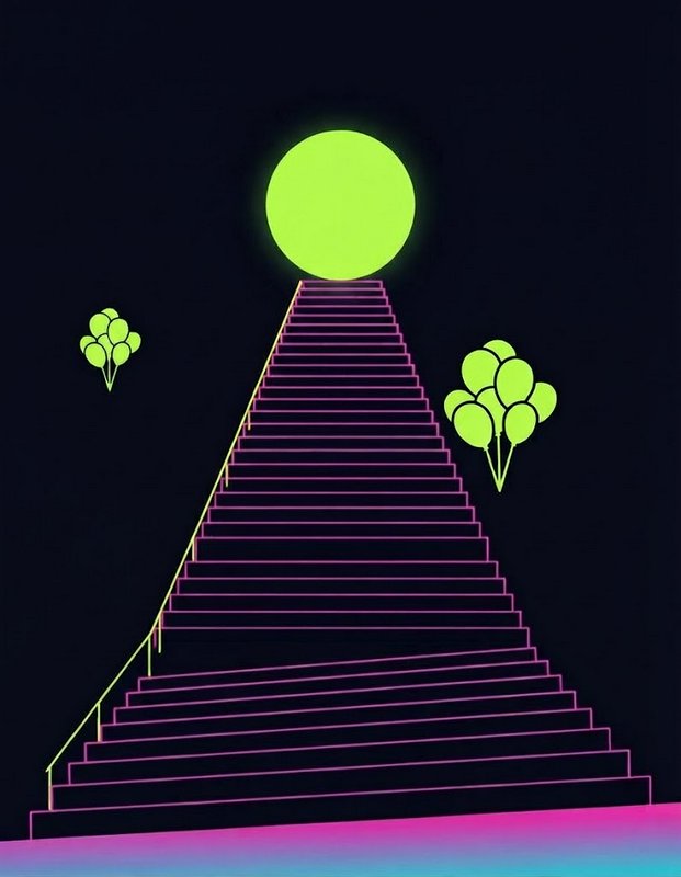 Neon outlined staircase leads to a glowing lime orb flanked by floating green balloons against a dark background