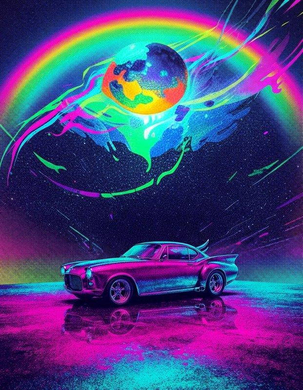 Custom vintage muscle car sits on reflective neon ground below a glowing psychedelic planet in cosmic space