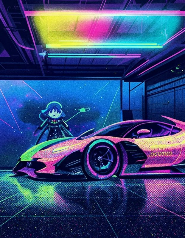 Stylized haloed anime character stands beside a neon glowing supercar in a cyberpunk garage