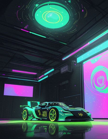 Sleek neon green futuristic supercar parked inside a dark neon-lit cyberpunk garage
