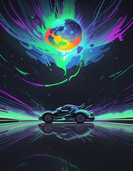 Futuristic sports car sits on a reflective surface below a swirling neon planet in starry outer space