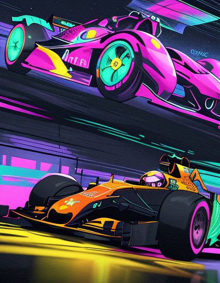 Two stylized Formula 1 race cars speed side by side on a neon-lit night racing circuit