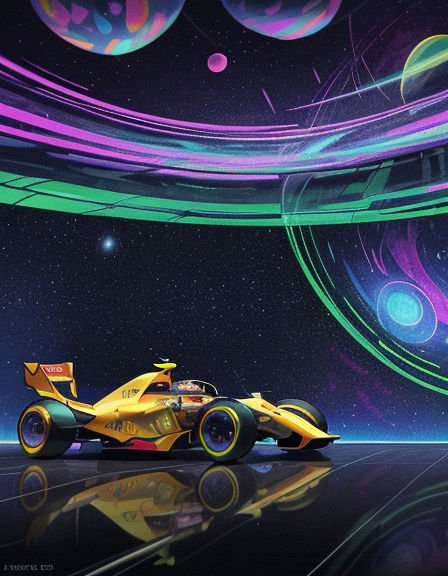 Bright yellow formula race car rests on a reflective track beneath a glowing cosmic space sky wit...