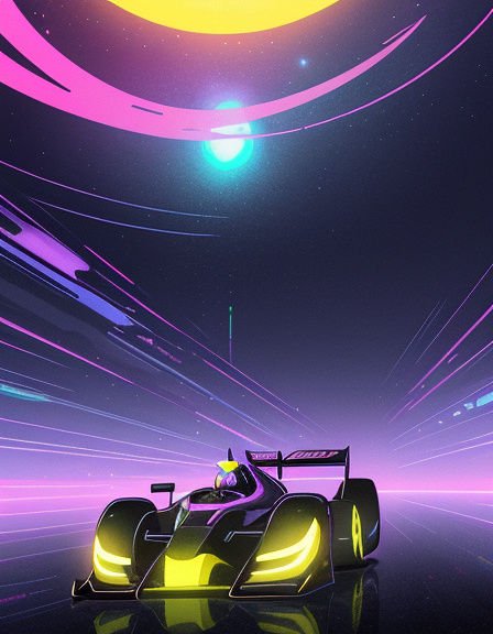 Sleek neon futuristic race car sits on a glowing reflective road under a cosmic synthwave sky