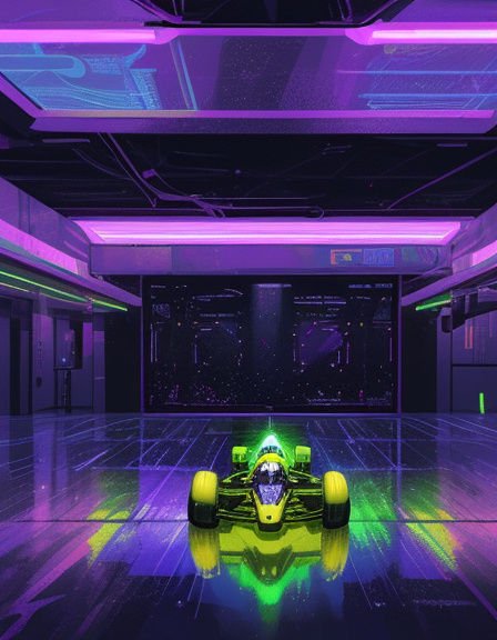 Bright yellow futuristic race car sits in a neon lit cyberpunk garage with glossy reflective floors