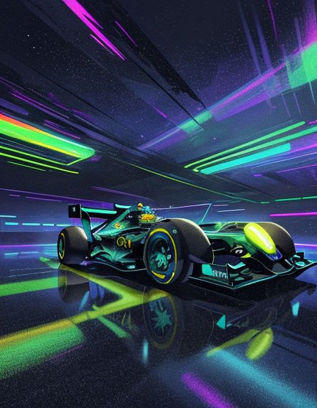 Sleek teal Formula 1 race car surrounded by glowing neon motion trails on a reflective cyberpunk ...