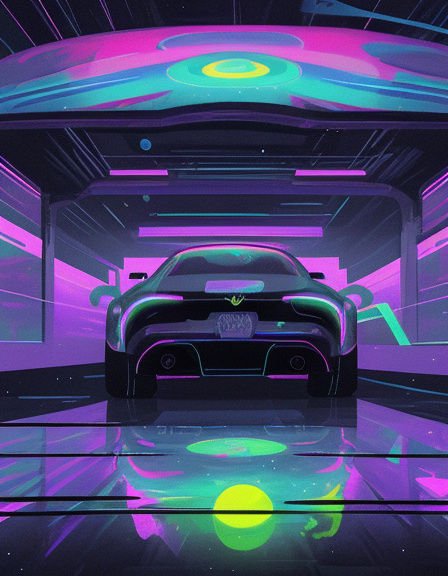 Sleek futuristic sports car viewed from the rear inside a glowing neon cyberpunk tunnel