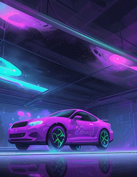 Bright magenta sports car with glowing green rims parked in a neon lit cyberpunk garage