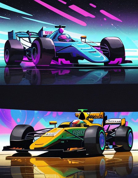 Two stylized Formula 1 race cars stacked vertically against vibrant neon retro futuristic backgro...