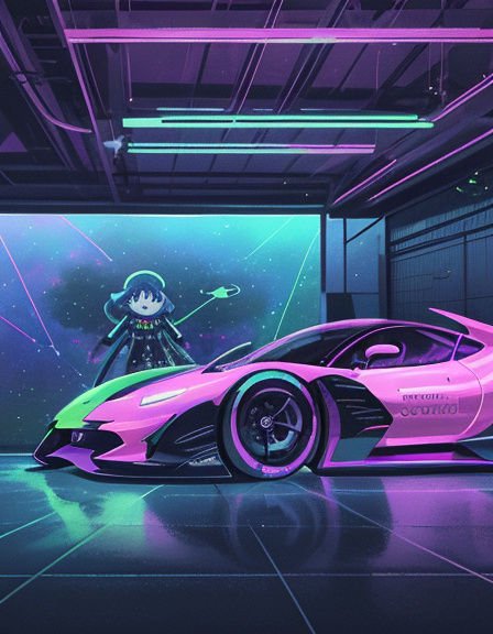 Chibi magical anime character stands next to a neon pink cyberpunk supercar in a futuristic neon-lit garage