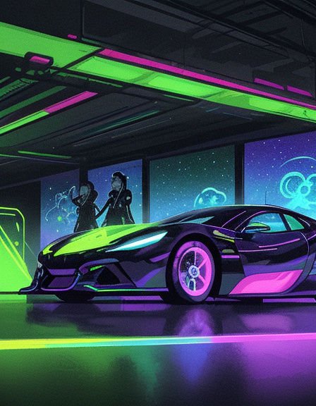 Futuristic neon cyberpunk supercar parked in a glowing high-tech garage with two hooded figures