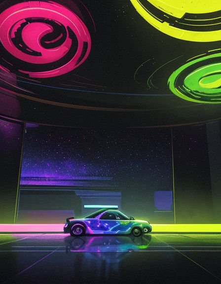 Futuristic iridescent sports car parked in a neon-lit cyberpunk interior with swirling colorful ceiling lights