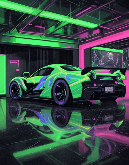 Bright lime green widebody supercar parked in a neon lit futuristic cyberpunk garage