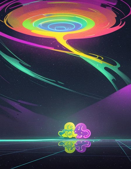 Rainbow neon cosmic swirl looms over tiny glowing blob characters on a reflective starry surface