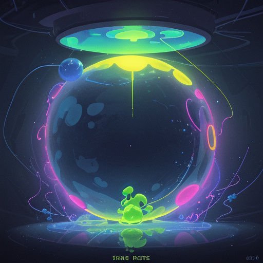 Translucent glowing neon energy orb with a small green slime creature in a dark sci-fi lab chamber