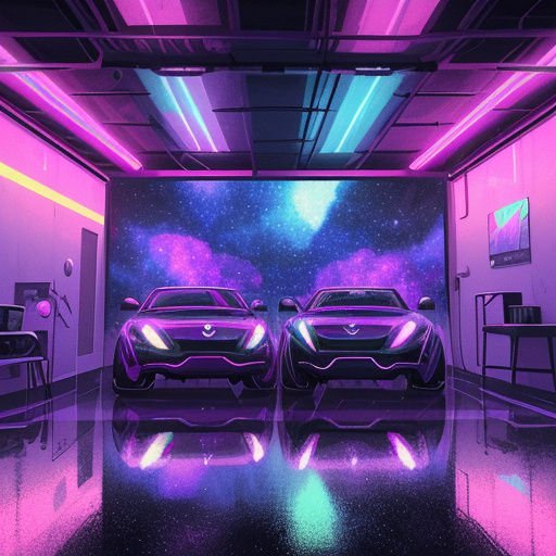 Two sleek futuristic sports cars parked side by side in a neon lit cyberpunk garage with cosmic wall art