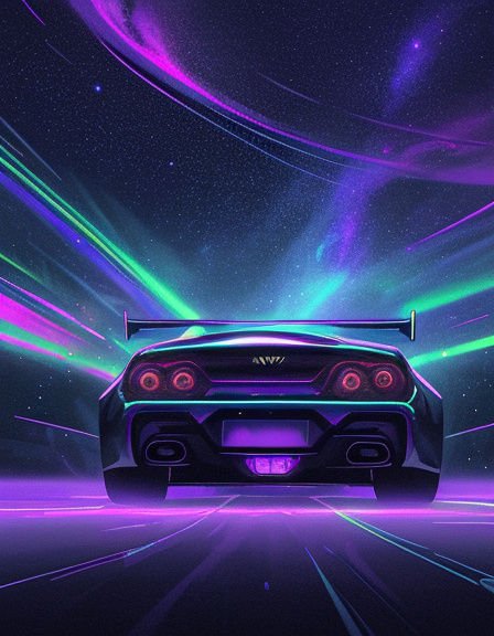 Rear view of neon cyberpunk sports car speeding down glowing highway under starry sky with light trails
