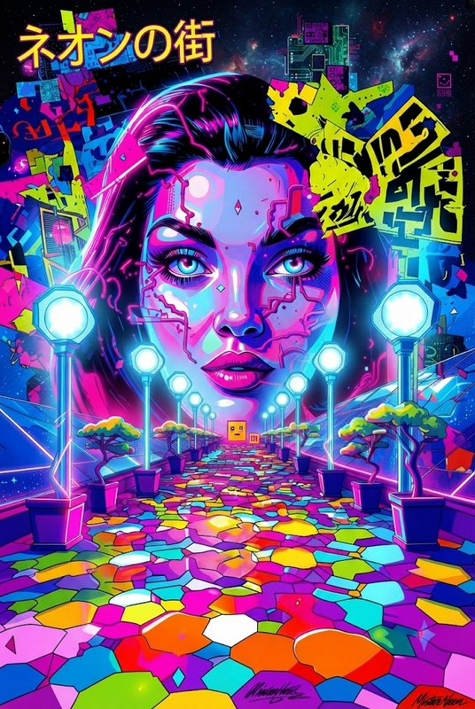 Surreal cybernetic woman's face overlooks a glowing neon mosaic city walkway under a starry cosmic sky
