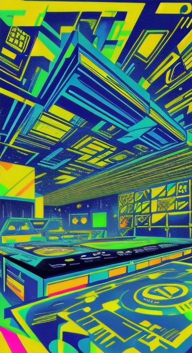 Psychedelic geometric illustration of a retro-futuristic sci-fi control room with bright neon color accents