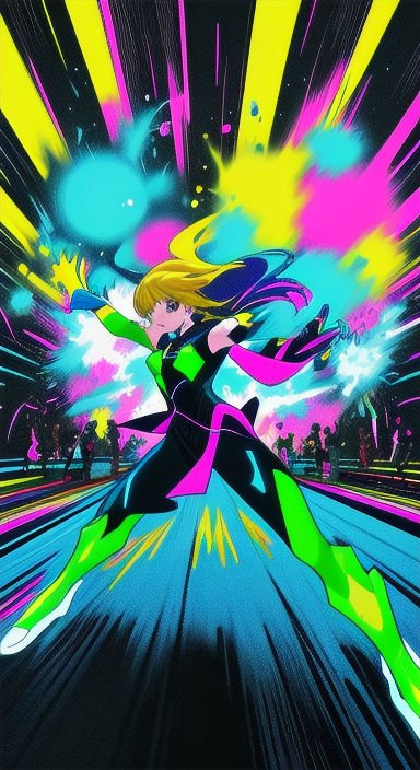 Blonde anime magical girl strikes a dynamic combat pose amid bright neon energy burst effects