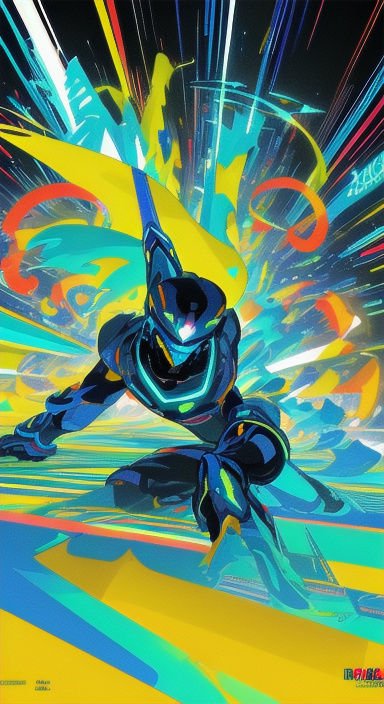 Sleek futuristic armored hero lunges forward surrounded by vibrant neon speed burst effects