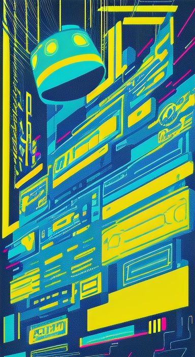 Hovering retro-futuristic robot overlooks a bold neon cyberpunk cityscape in bright teal and yellow