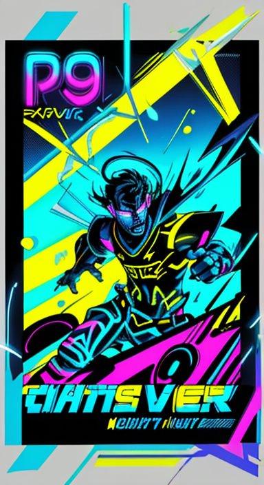 Neon cyberpunk skateboarding superhero featured on a bold, vibrant graphic poster